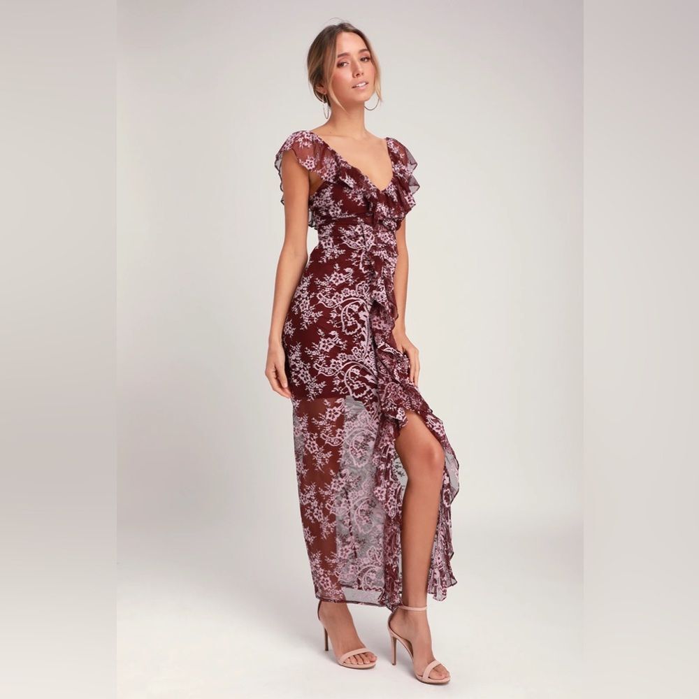 WAYF Burgundy Floral Print Ruched Lace Ruffled Maxi Dress XL